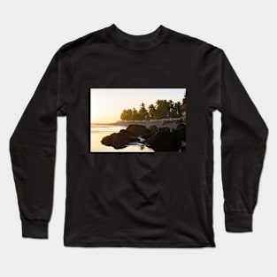 rocky beach and cliff with palm trees Long Sleeve T-Shirt